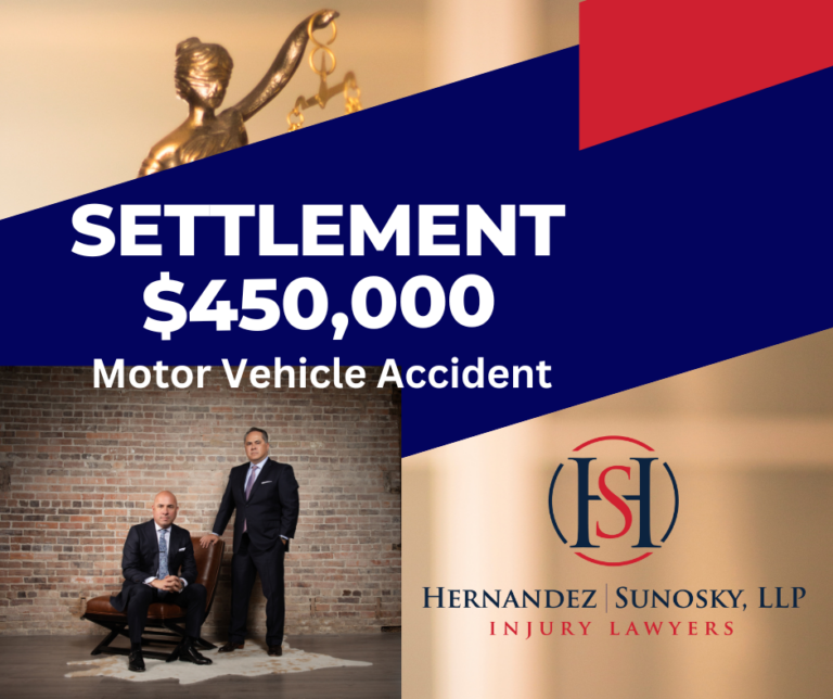 A law firm graphic celebrating a $450,000 settlement for a motor vehicle accident.
